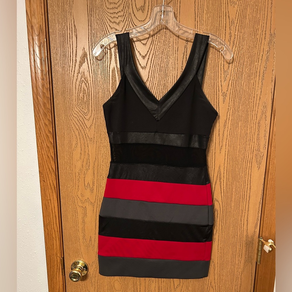 Windsor Black, Red, and Gray Striped Mini Dress